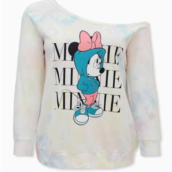 Torrid Minnie Mouse Pastel Rainbow Tie Dye Terry Off-Shoulder Sweatshirt Size 4 - Picture 1 of 10